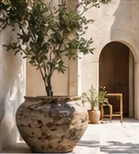 Grande jarre et olivier devant une porte en arche aux murs chaulés