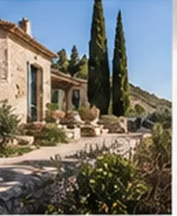 Maison en pierre sèche entourée de cyprès et de jardins