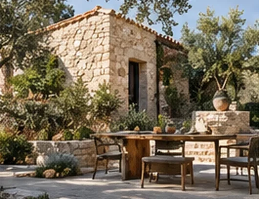 Maison en pierre et terrasse ombragée avec table en bois