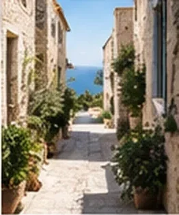 Ruelle pavée bordée de maisons en pierre, la mer au bout