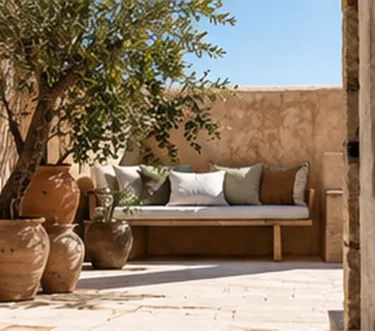 Patio en enduit ocre avec banquette en lin et grandes jarres en terre cuite