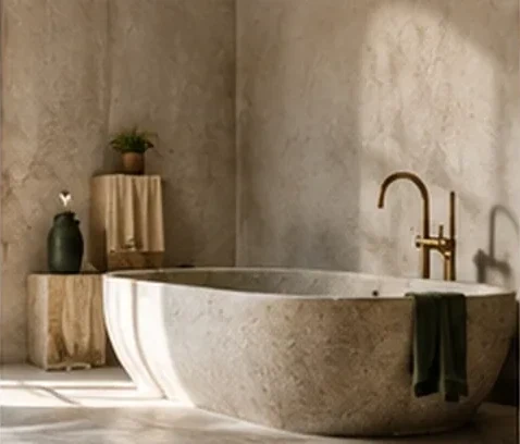 Baignoire en pierre dans une salle de bain aux murs en enduit minéral