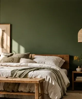 Chambre au mur vert sauge, tête de lit en bois et linge de lit écru