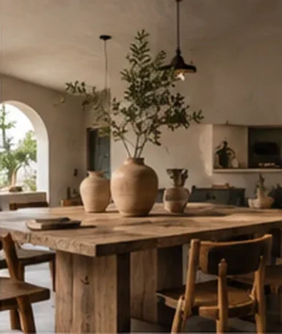 Salle à manger avec grande table en bois brut, jarres en terre cuite et ouverture en arche