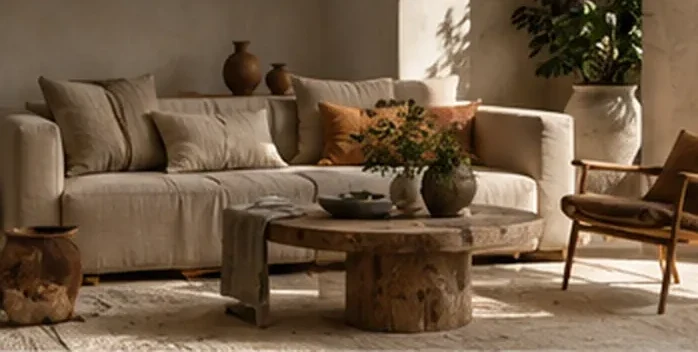 Salon aux murs chaulés, canapé en lin, table basse en bois massif et vases en terre cuite