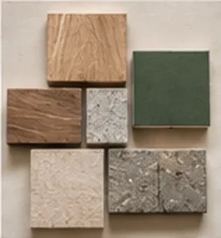 Échantillons de bois, de pierre et de carreau vert posés à plat