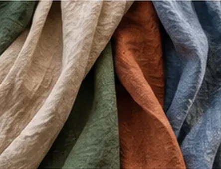 Étoffes de lin froissées teintes en écru, vert, terre cuite et bleu