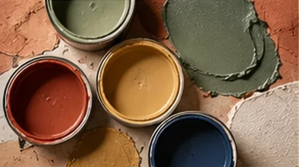 Pots de peinture rouge, ocre et bleu nuit posés sur des échantillons d’enduit