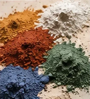 Pigments en poudre : ocre jaune, rouge oxyde, blanc, vert et bleu